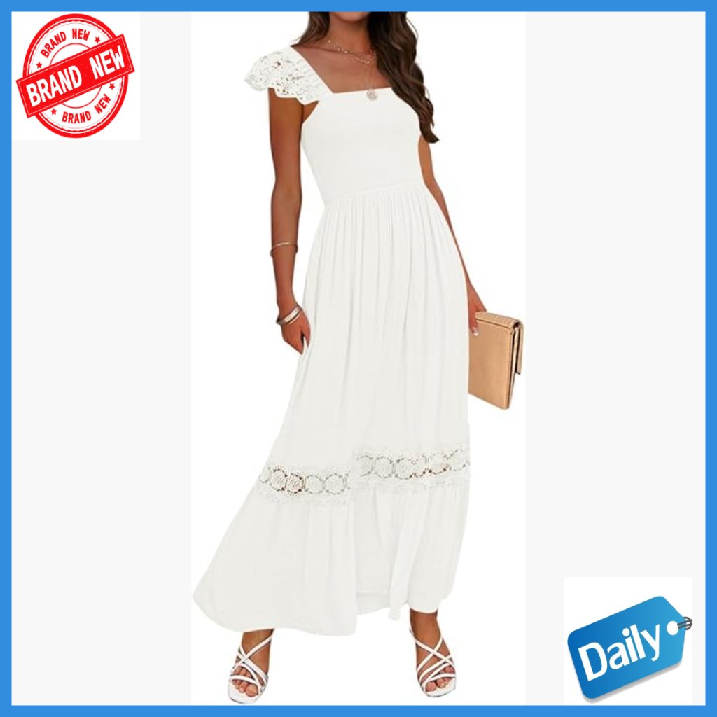 Maxi Dress Lace Strap Sleeveless Square Neck Smocked High Waist Ruffle
